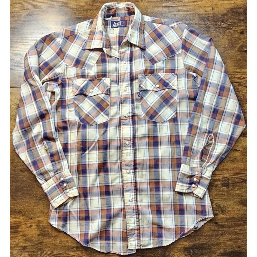 Vintage 70s Levis Saw Tooth Plaid Western Shirt Medium Regular Fit Great Cond